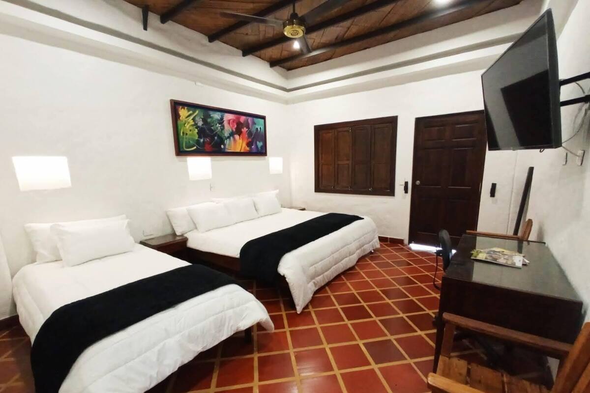 Une chambre d’hôtel avec deux lits, une télévision, un tableau et une porte en bois.