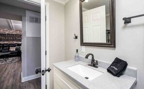 Hair dryer, towels, soap, shampoo