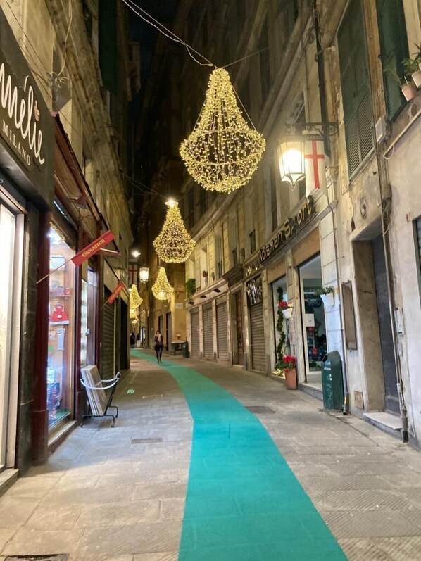 A street with shops, a green carpet, and hanging lights.