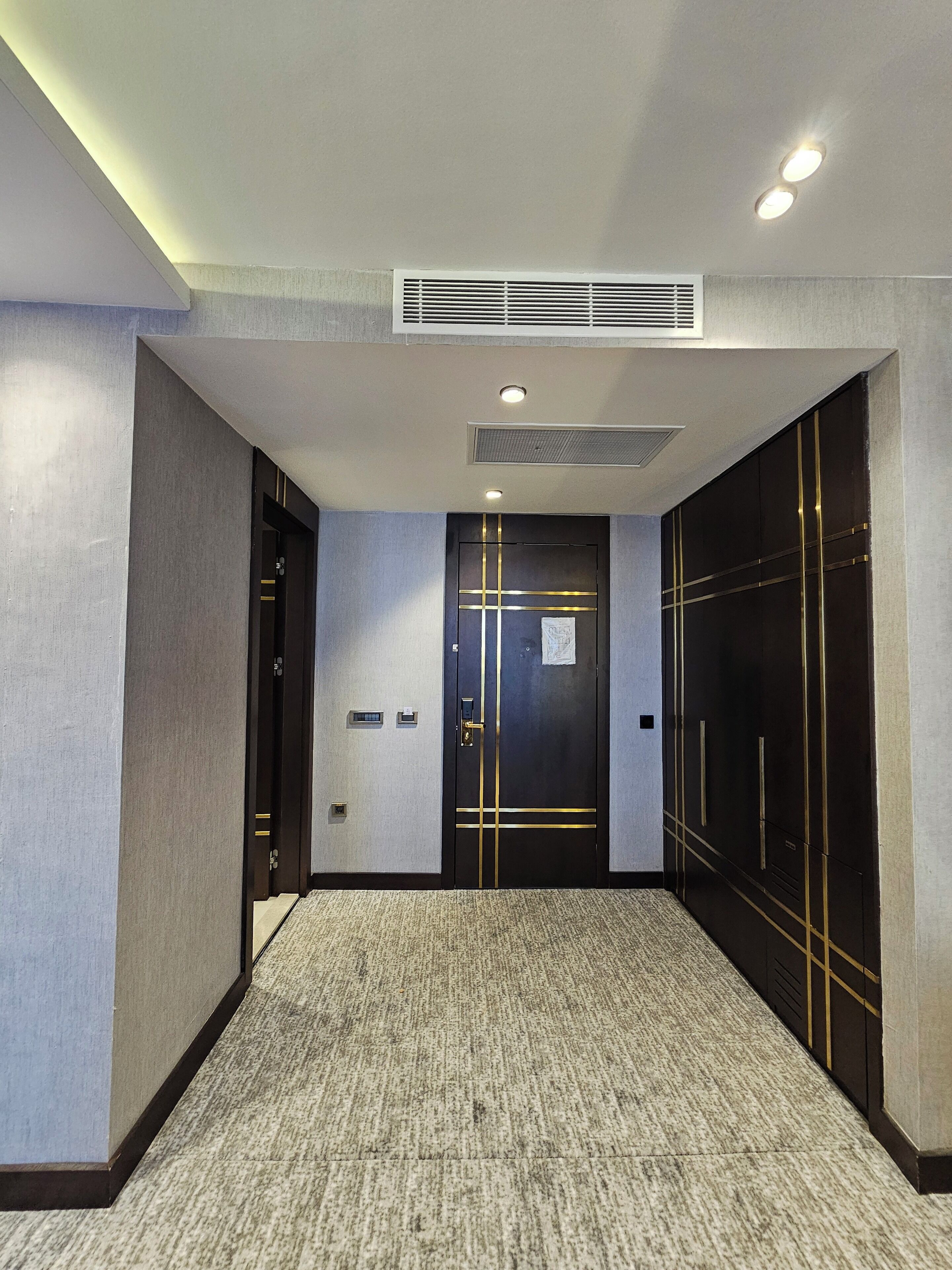 A hallway with a carpeted floor, a door with a gold accent, and a vent on the ceiling.