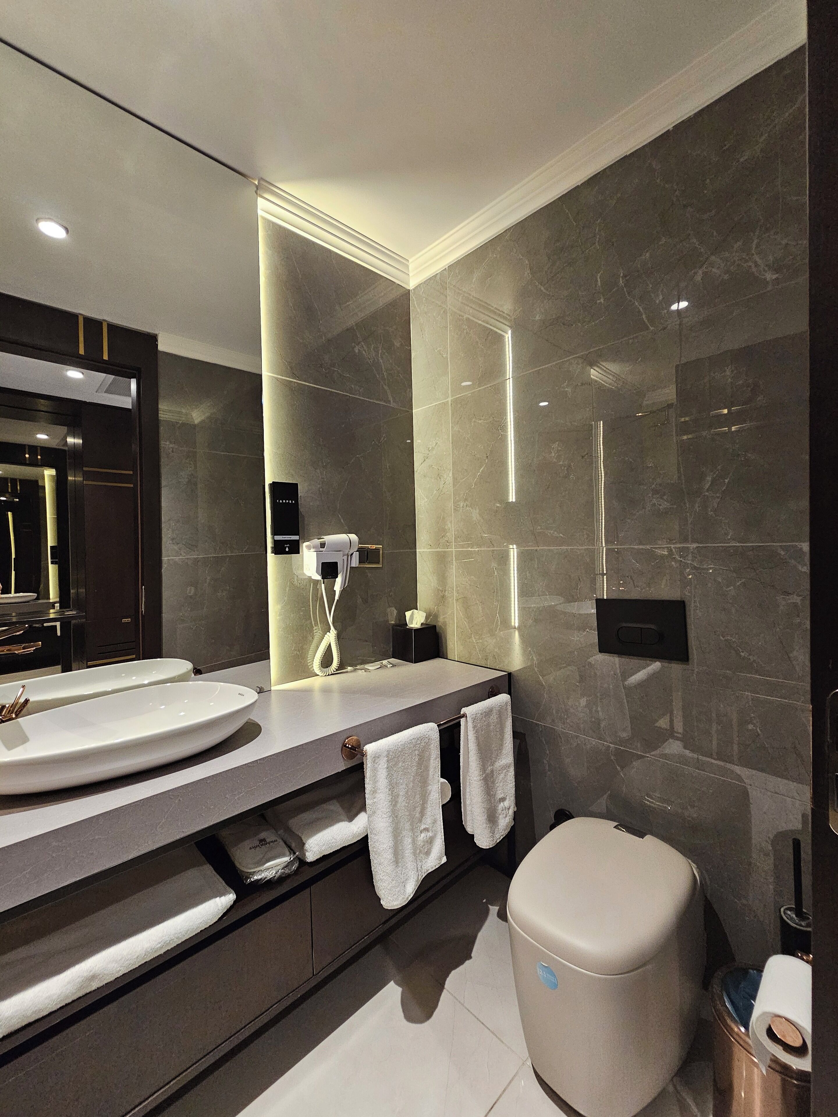 A modern bathroom with a large mirror, two sinks, a toilet, and a shower.