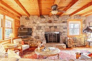 Télévision, cheminée, livres