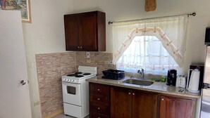 Una cocina compacta con estufa blanca, un lavabo y armarios de madera.