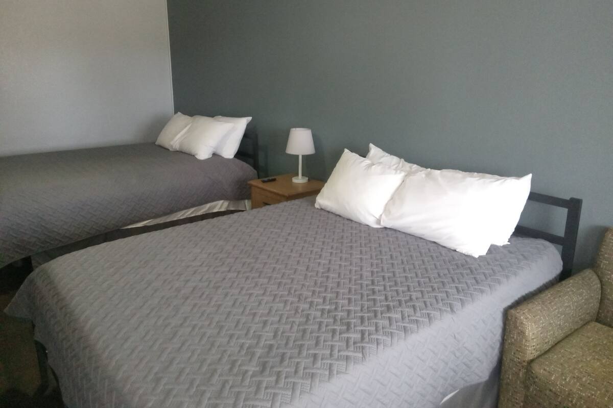 A hotel room with two single beds, a nightstand with a lamp, and a chair.
