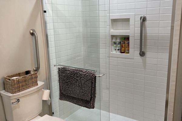 Shower, hair dryer, towels, soap