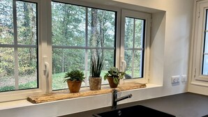 Una cocina con un lavamanos negro, armarios blancos y un alféizar con tres plantas en macetas.