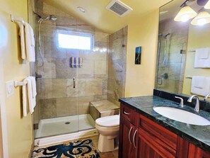 Shower, hair dryer, bidet, towels