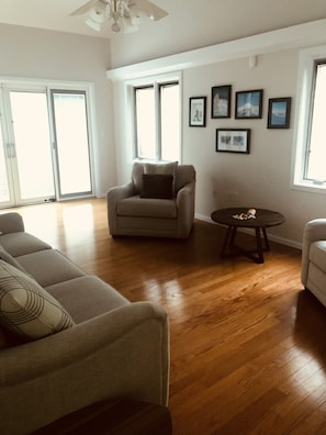 Smart TV, fireplace, books, stereo