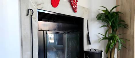 Un salon moderne avec une cheminée, un téléviseur fixé au-dessus et une plante en pot sur la droite.