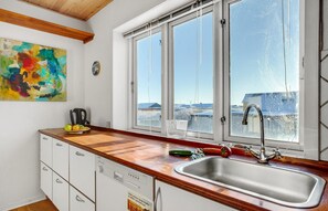 Fridge, stovetop, dishwasher, coffee/tea maker