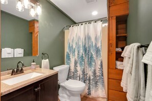 Combined shower/bathtub, hair dryer, towels - Bears Den Chalet | Ski Home Trail, Moover Shuttle, Outdoor Hot Tub! (West Dover)