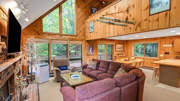 Smart TV, fireplace, video-game console, foosball