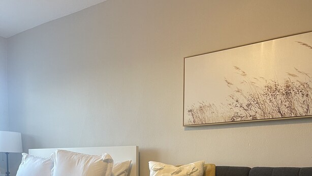 Une chambre moderne avec un lit, un canapé gris, une petite table ronde et un tableau accroché au mur.