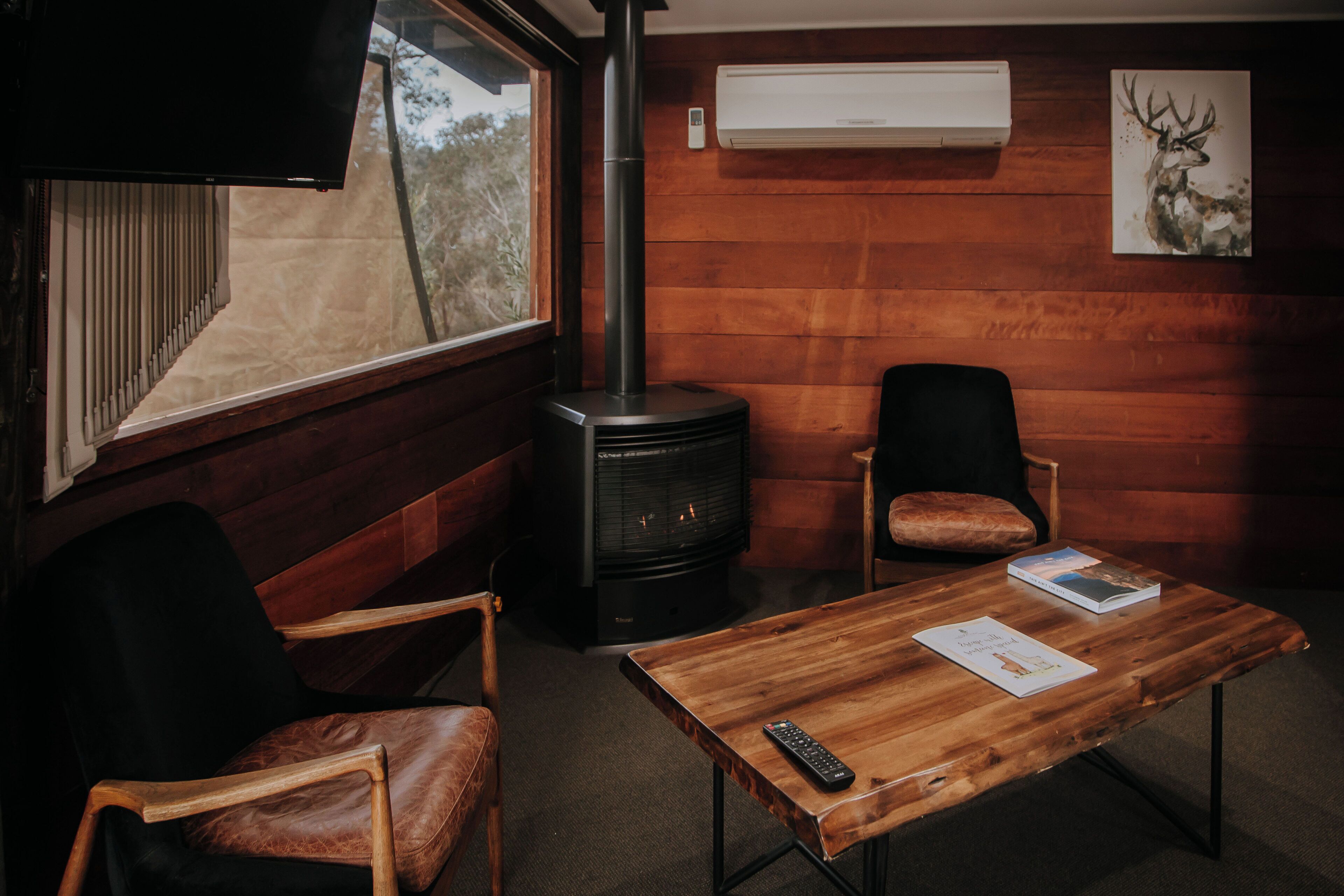 Une pièce chaleureuse avec un poêle à bois, des fauteuils en cuir, une table en bois sur laquelle reposent une télécommande et un livre, et un tableau représentant un cerf accroché au mur.