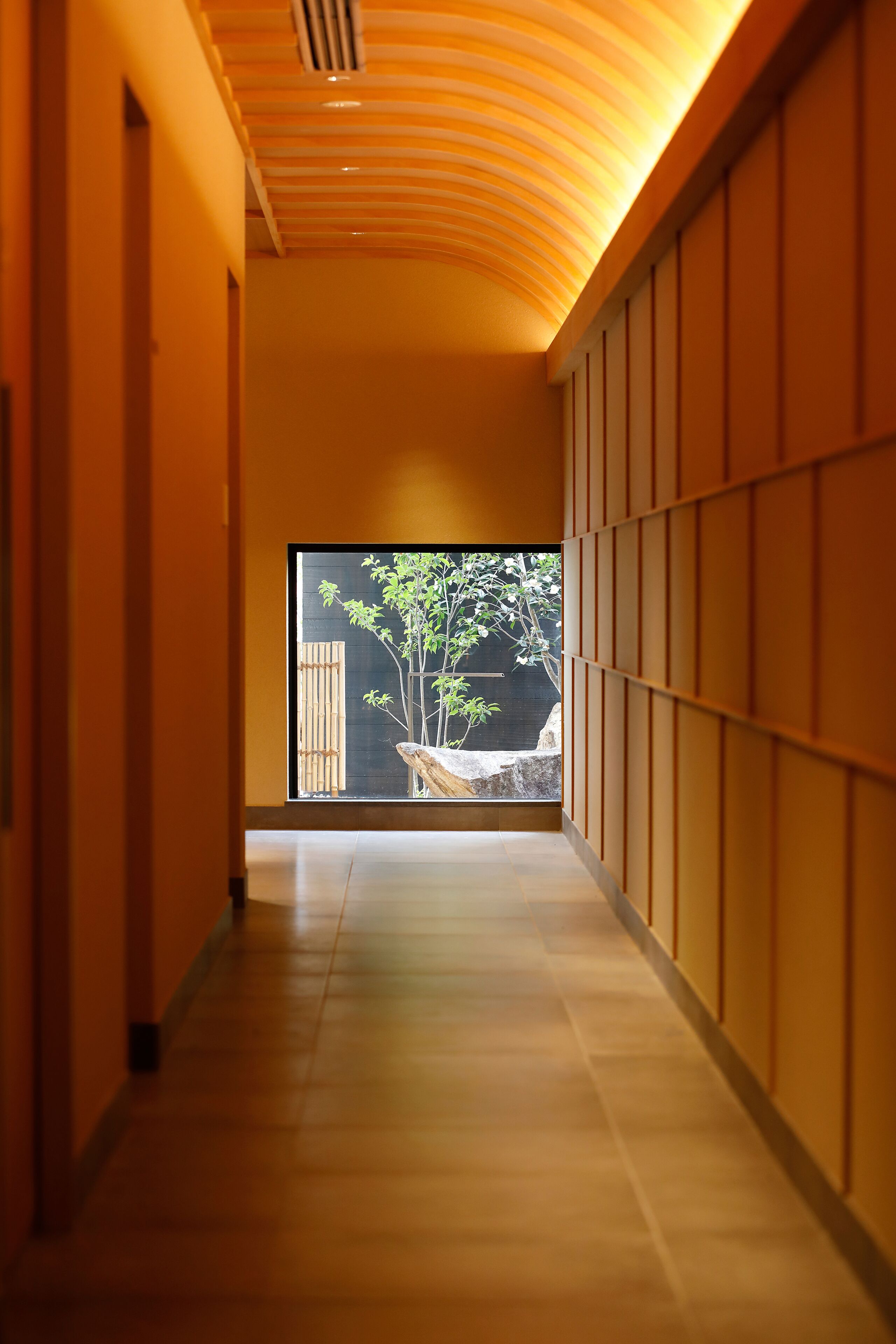 A hallway with a view of a tree outside a window.