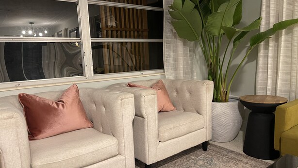 Een woonkamer met twee fauteuils, een grote plant, een klein rond tafeltje en een raam met jaloezieën.