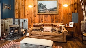A cozy cabin interior with a wooden wall, a fireplace, a sofa with patterned cushions, and a framed landscape painting. - Letchworth Farm Guesthouses (Nunda)