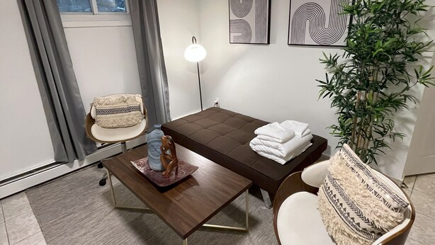 A modern room with a brown sofa, two chairs, a coffee table, a floor lamp, and a potted plant. - Two Bedroom Private Apt near NYC! (West New York)