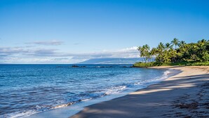 A beach with clear blue water, sandy shore, and palm trees. - Aloha Moon - The Honeymoon Hideaway (Wailea)
