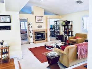 Smart TV, chimenea y libros 