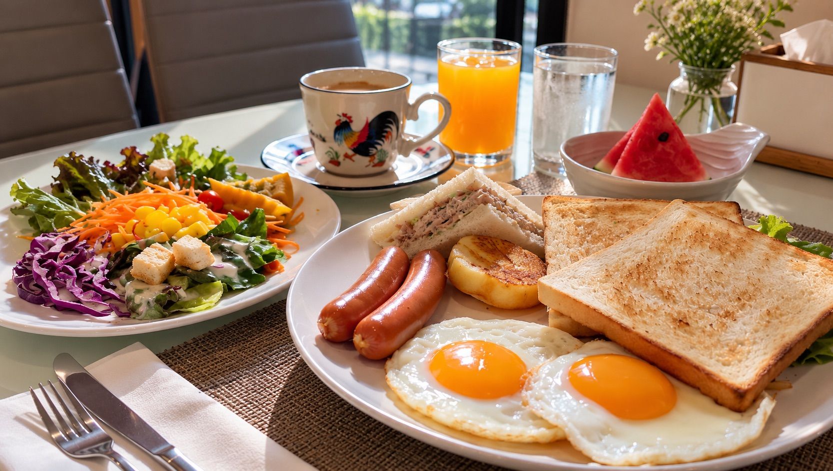 A breakfast plate with eggs, sausages, toast, and a salad.