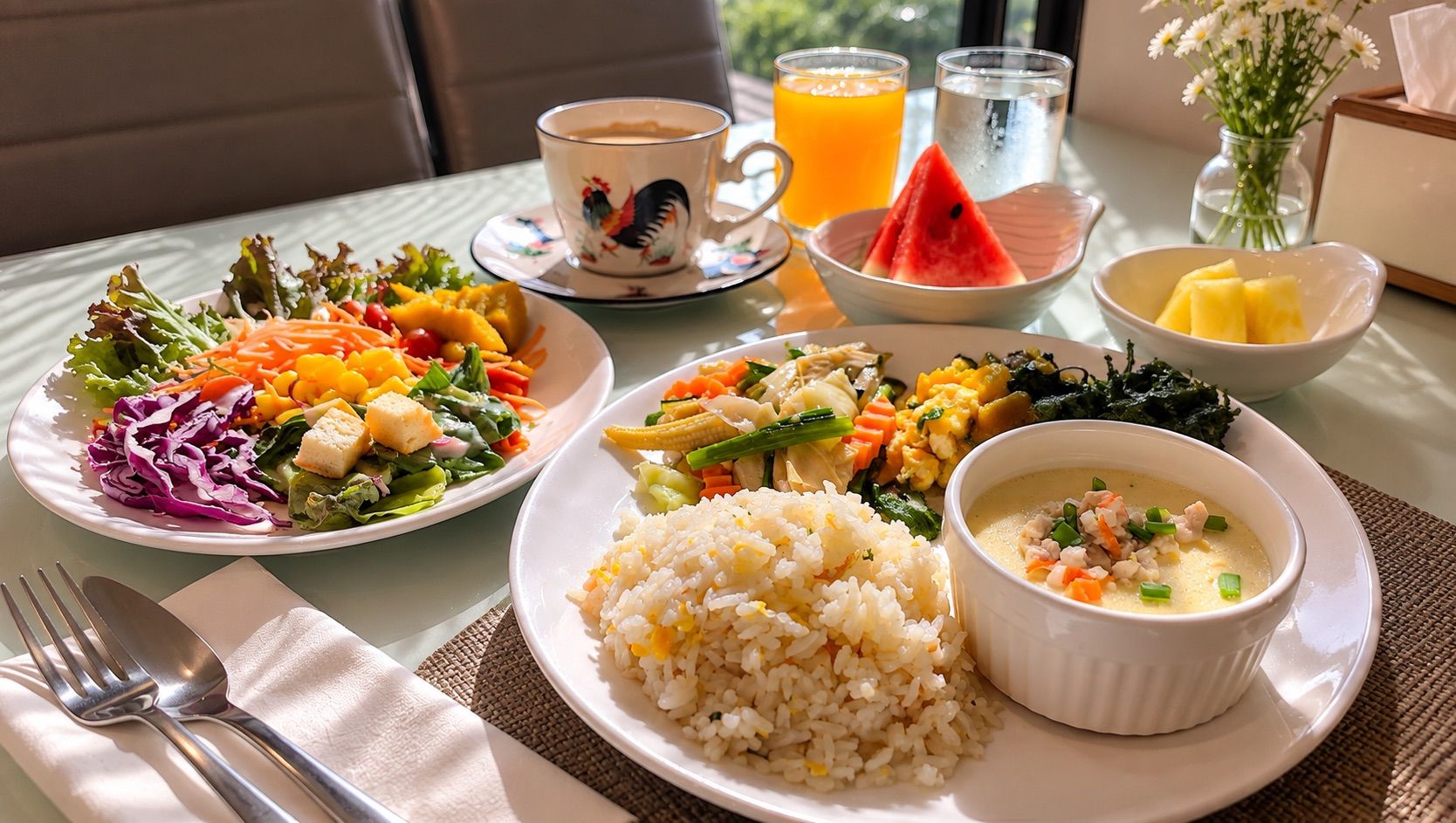 A table set with a variety of dishes including rice, soup, and vegetables, along with drinks and a floral arrangement.
