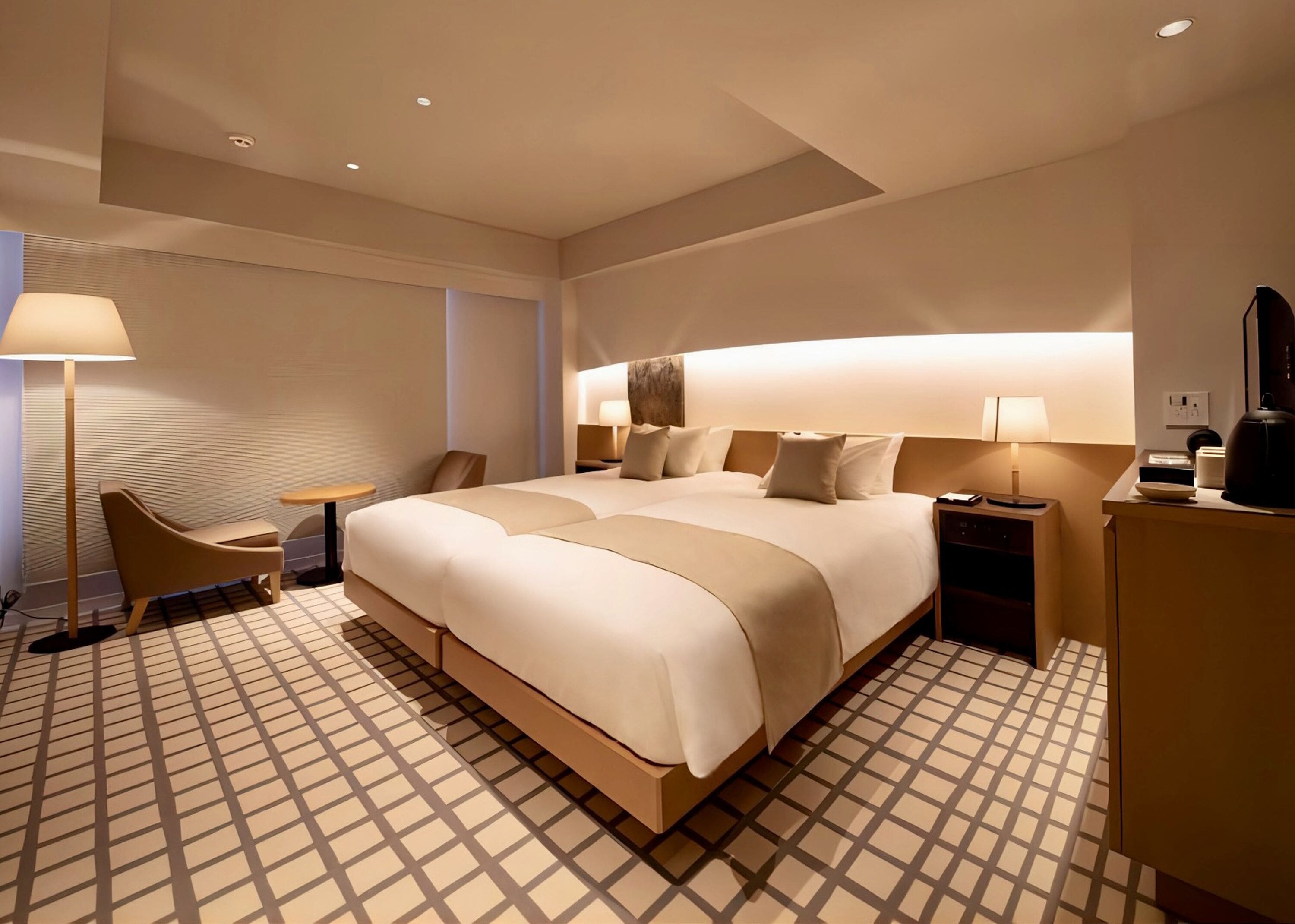 Une chambre d’hôtel moderne équipée d’un grand lit, d’un bureau, d’une chaise et d’une table de chevet.