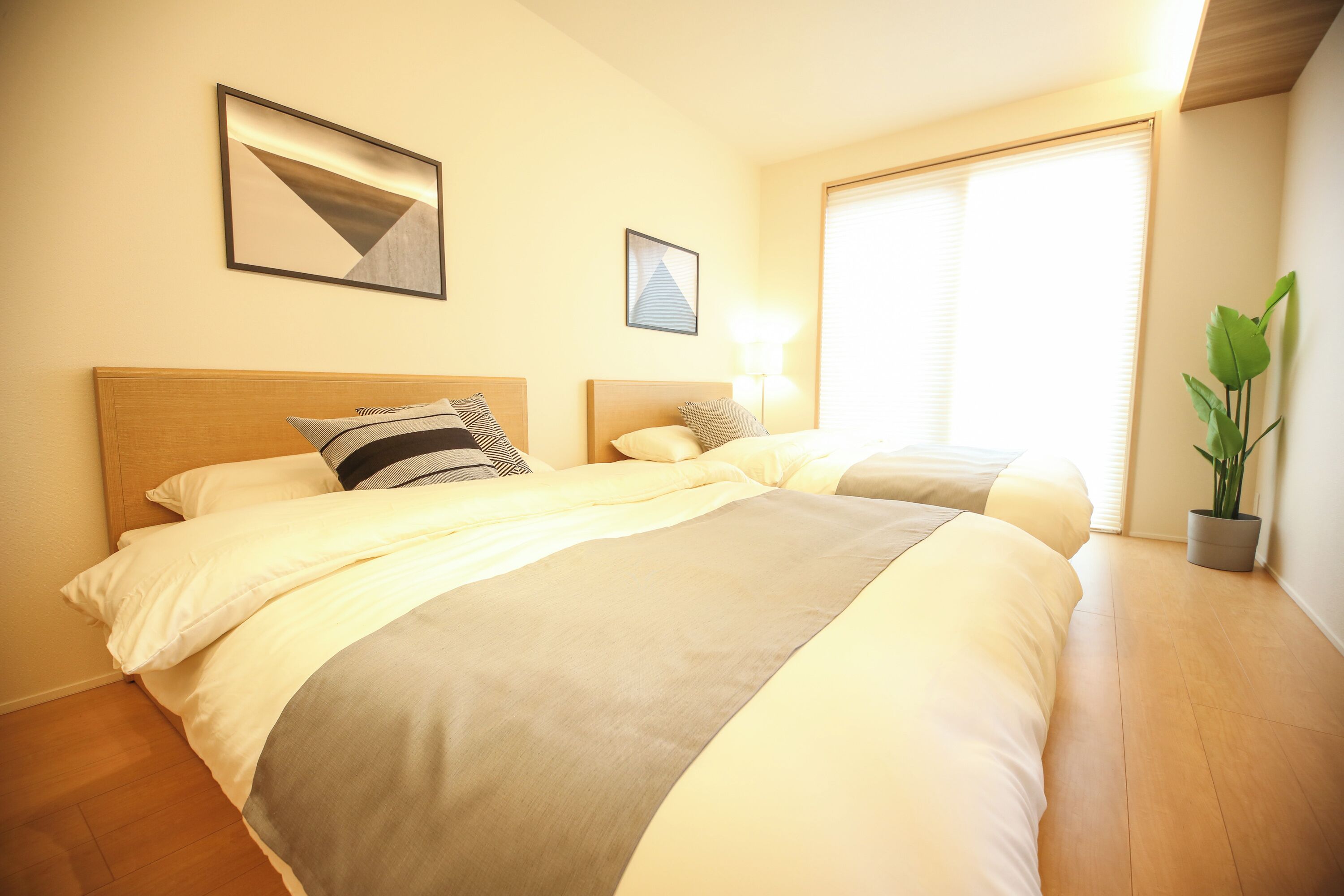 Una habitación de hotel con dos camas, un ventanal grande y una planta en maceta.