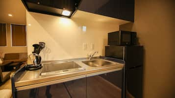 Deluxe Twin Room | Private kitchen | Fridge, microwave, cookware/dishes/utensils, freezer