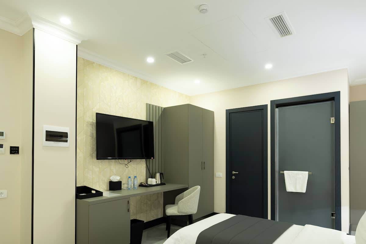 A hotel room with a bed, a desk with a chair, a flat-screen TV mounted on the wall, a wardrobe, and a door with a towel hanging on it.