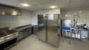 Eine moderne Küche mit Edelstahlgeräten, einem Gasherd und einem Spülbecken.