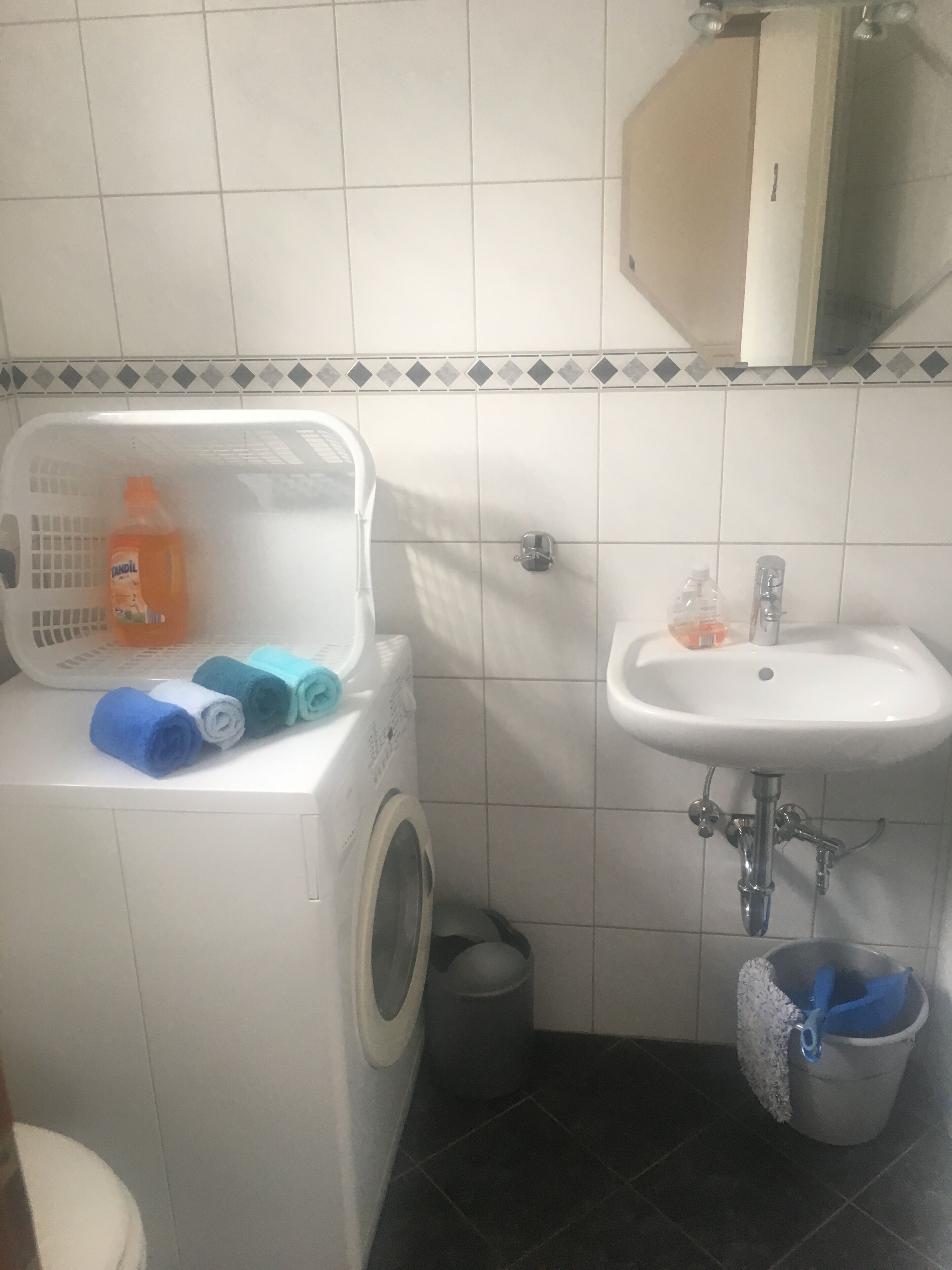 Un bagno compatto con lavatrice, lavandino e un piccolo cestino.