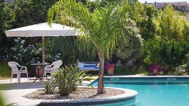 Ein Poolbereich mit Tisch und Stühlen, einer Palme und einem weißen Sonnenschirm.