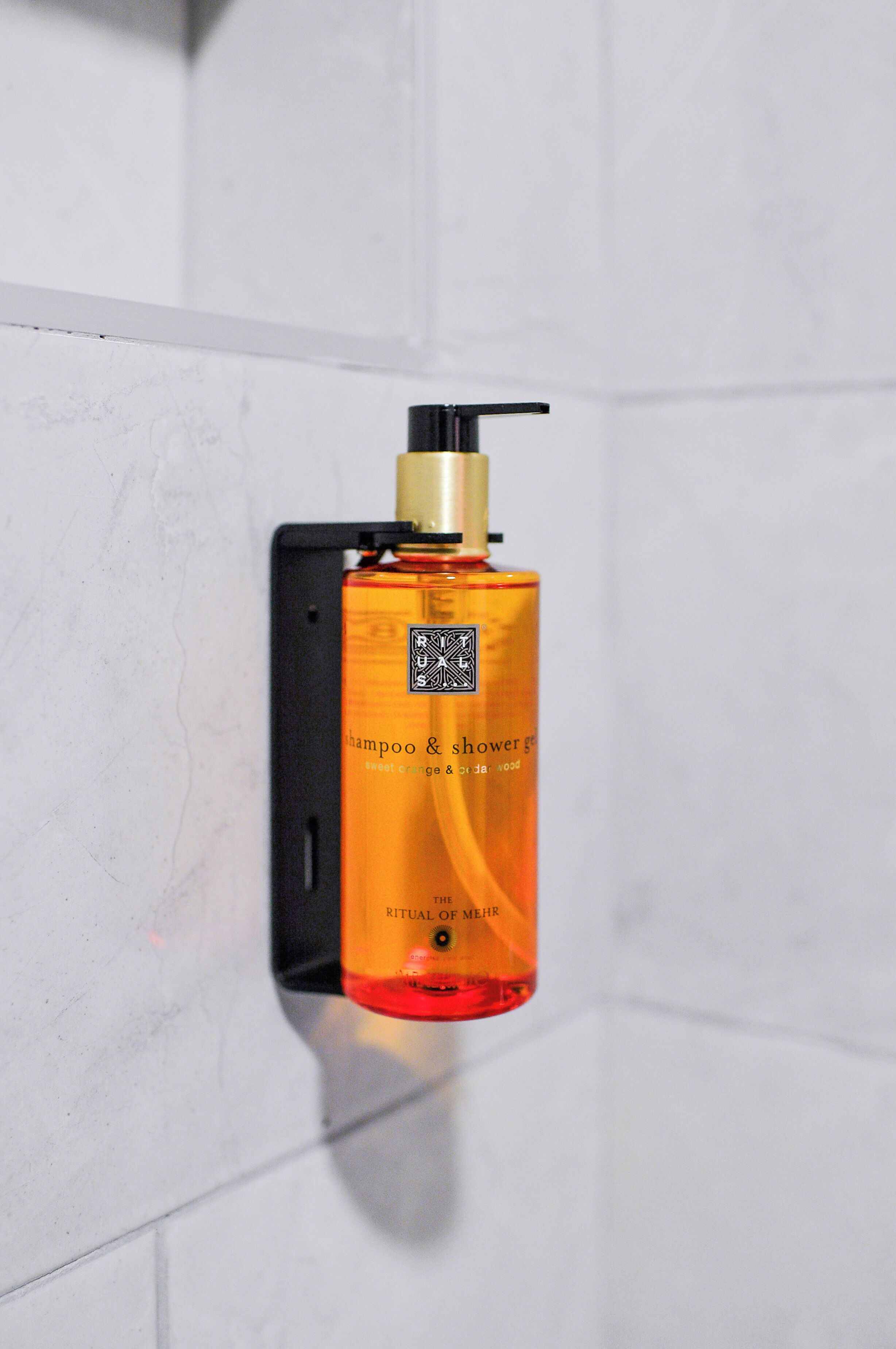 Eine Shampoo- und Duschgelflasche an einer gefliesten Wand befestigt.