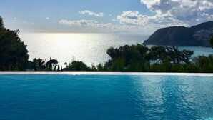 A clear blue sky, a swimming pool, and a view of the sea.