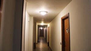 Kapea käytävä, jonka molemmilla puolilla on ovia, ja jossa on matto lattialla sekä kattovalaisin.