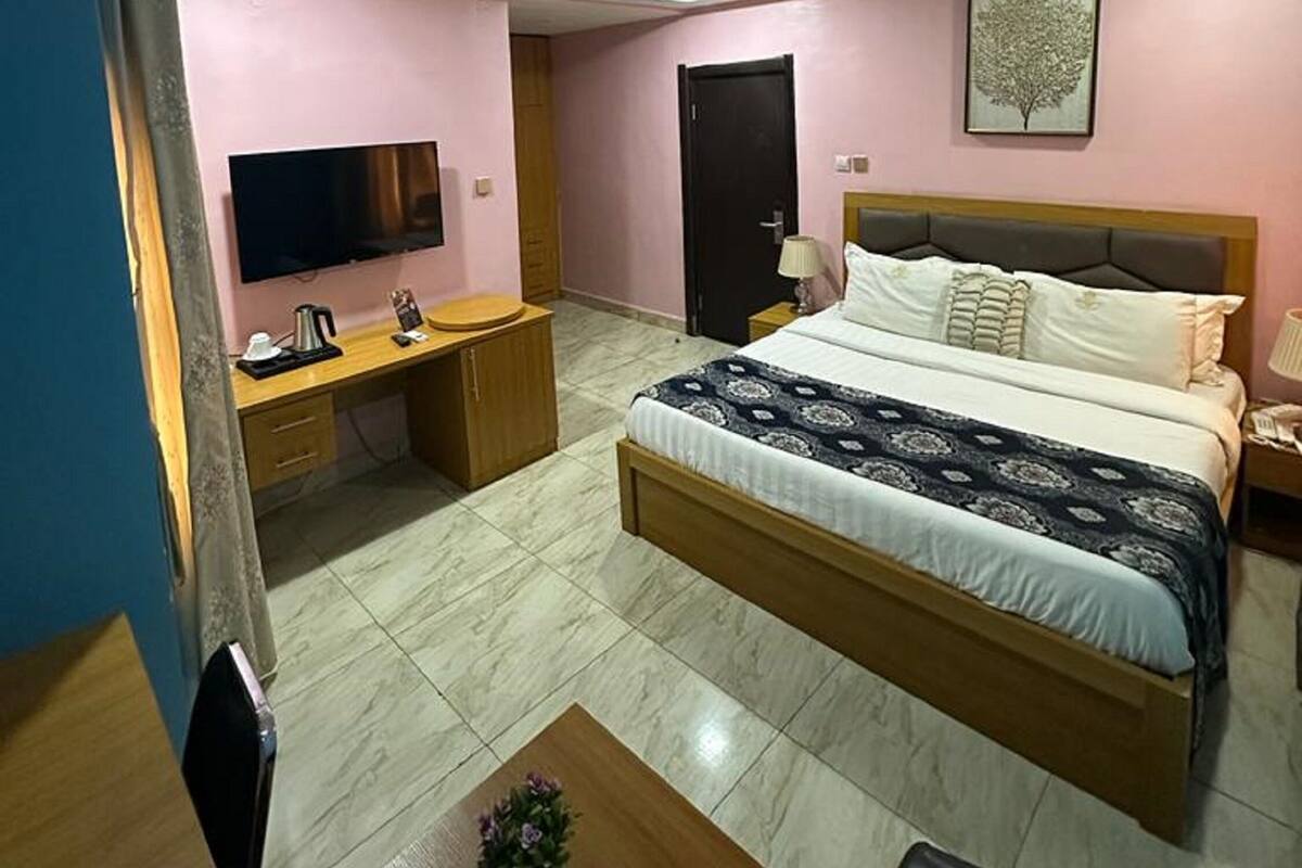 Una habitación de hotel con cama, mesita de noche, escritorio, televisor y una planta pequeña.