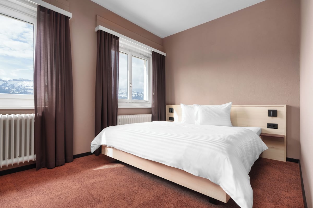 A hotel room with a large bed, a window with curtains, a radiator, and a view of mountains.