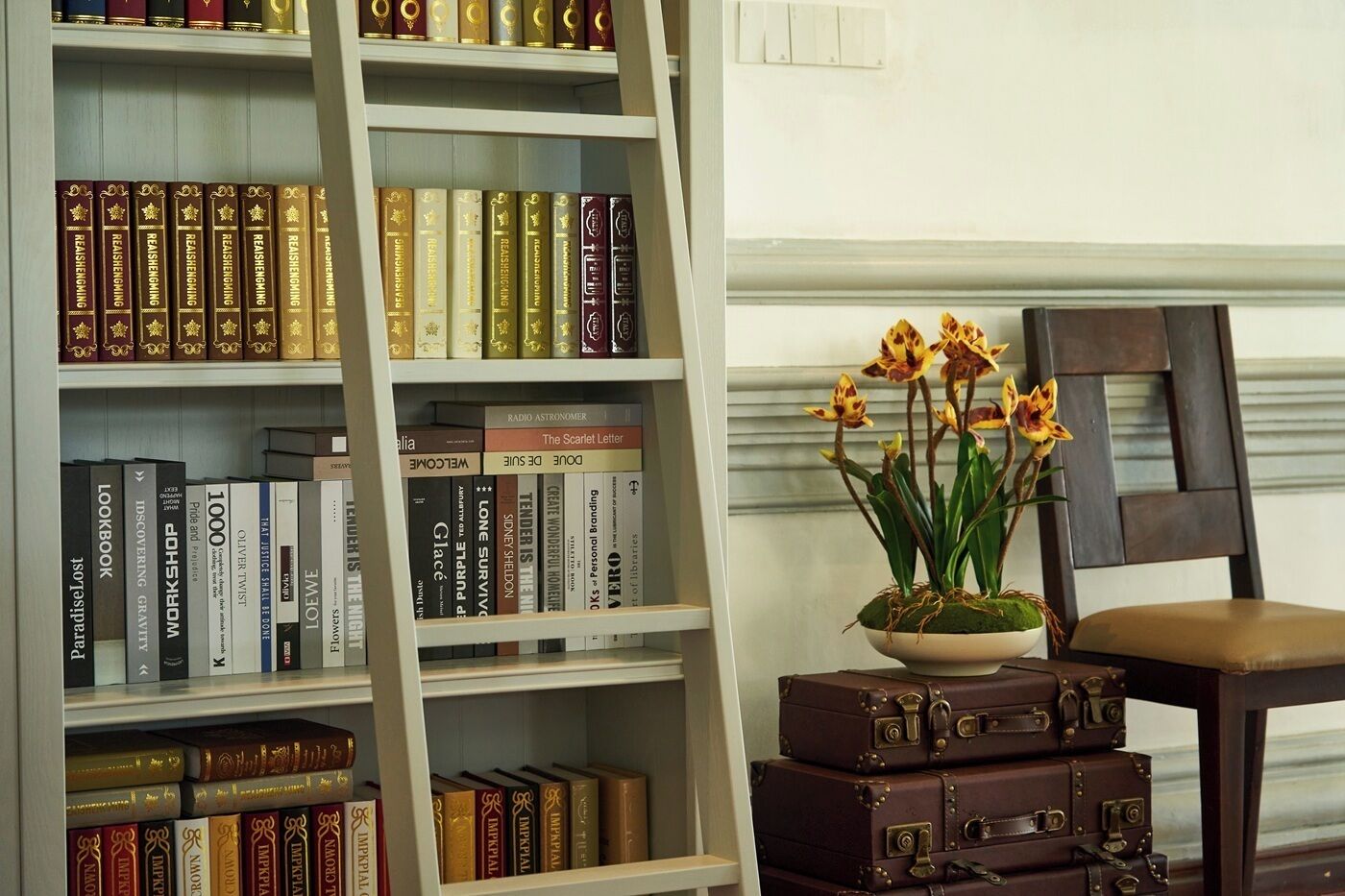 A bookshelf with books, a potted plant, and stacked suitcases.