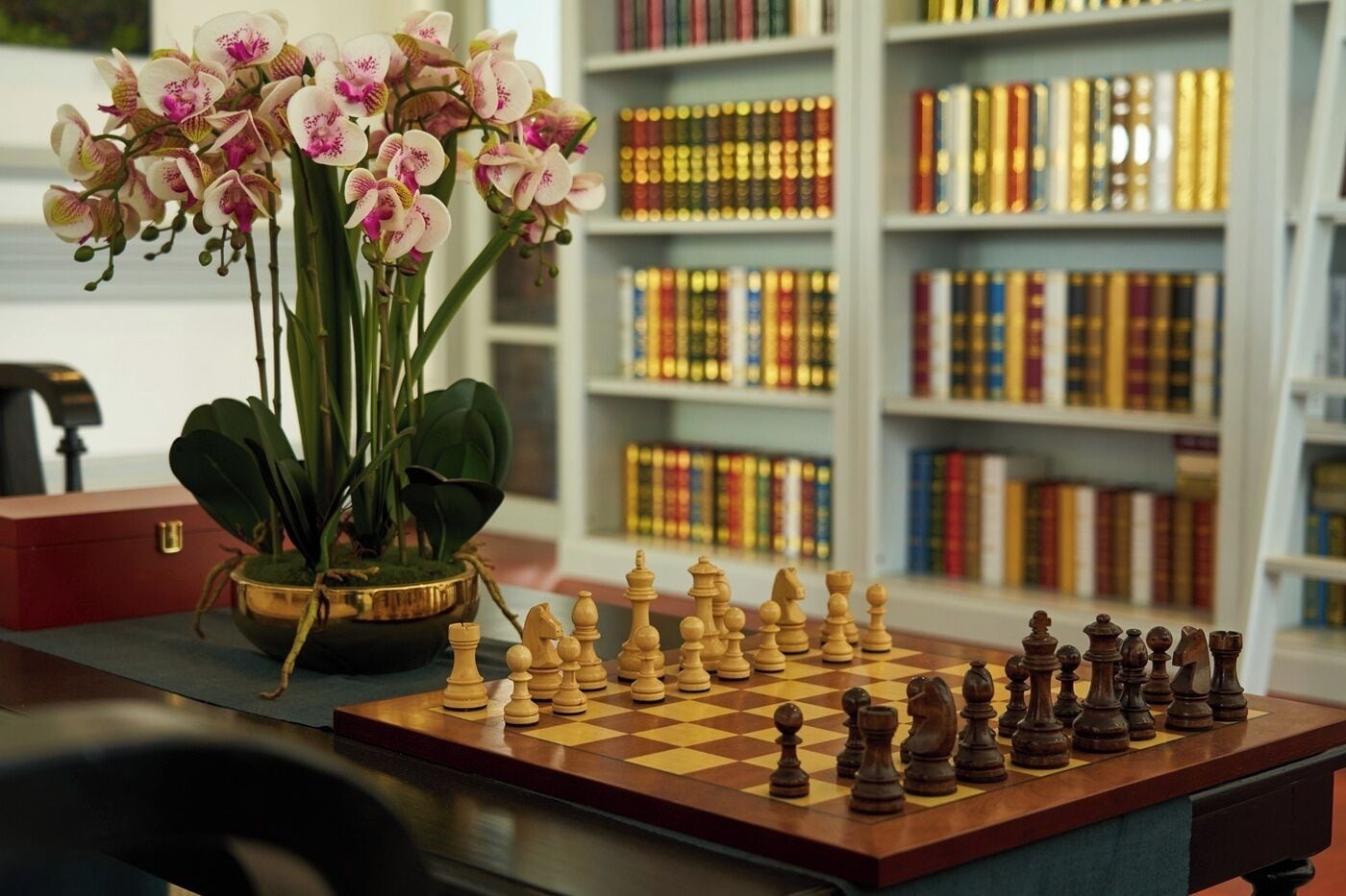 A chessboard set on a table with a vase of orchids and a potted plant in the background.