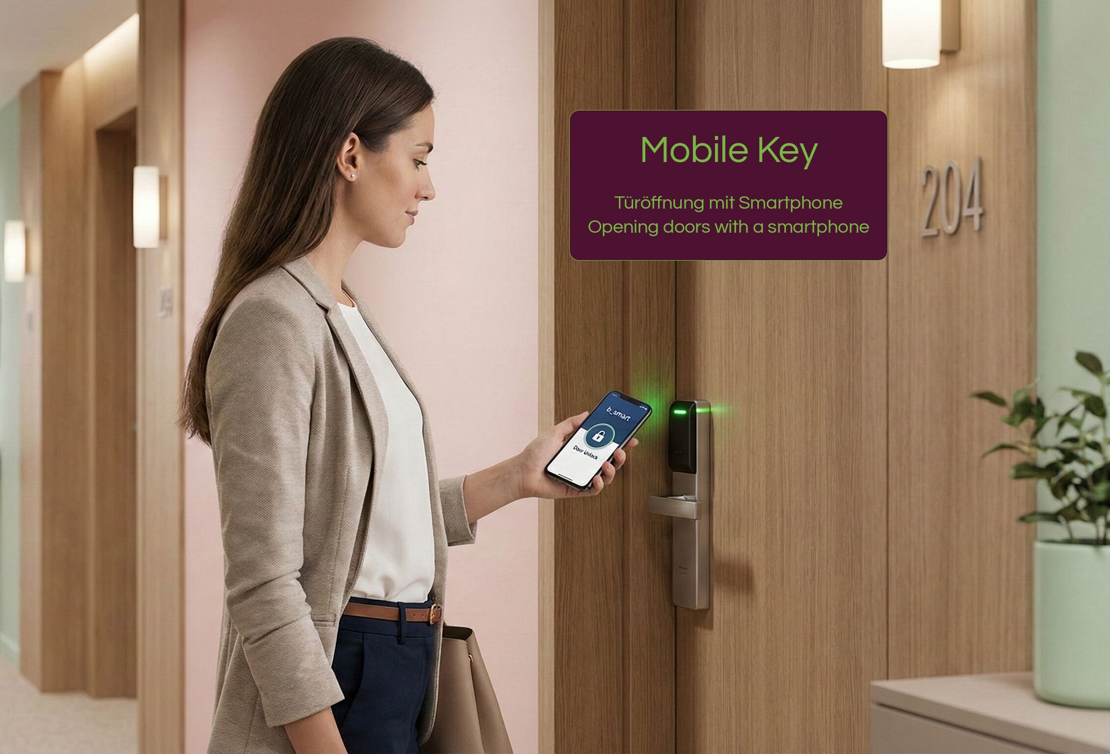 A person using a smartphone to unlock a door with a mobile key.