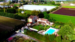 Une grande maison avec une piscine, entourée de champs verdoyants et d’arbres.