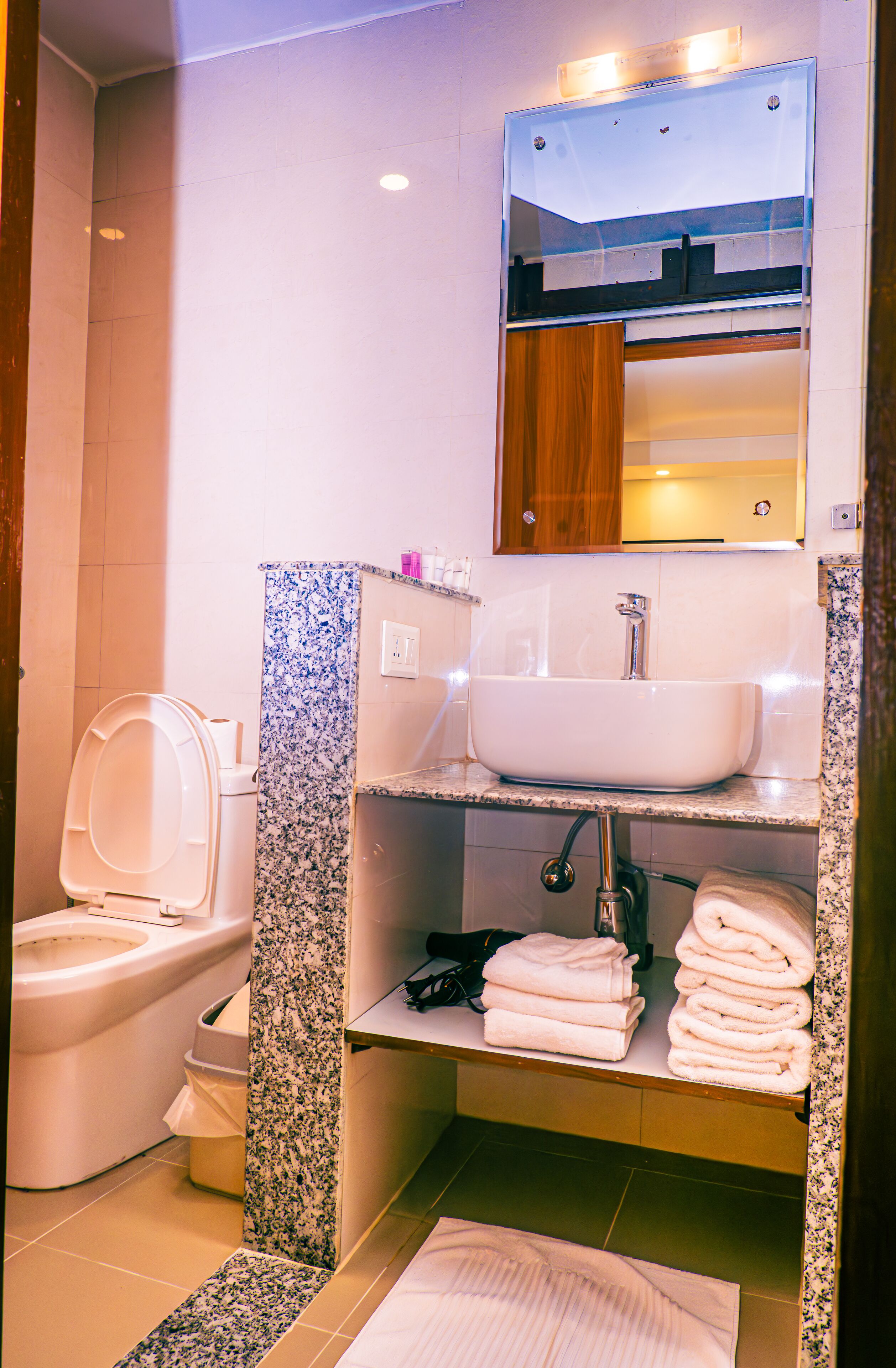 A bathroom with a toilet, sink, mirror, and towel rack.