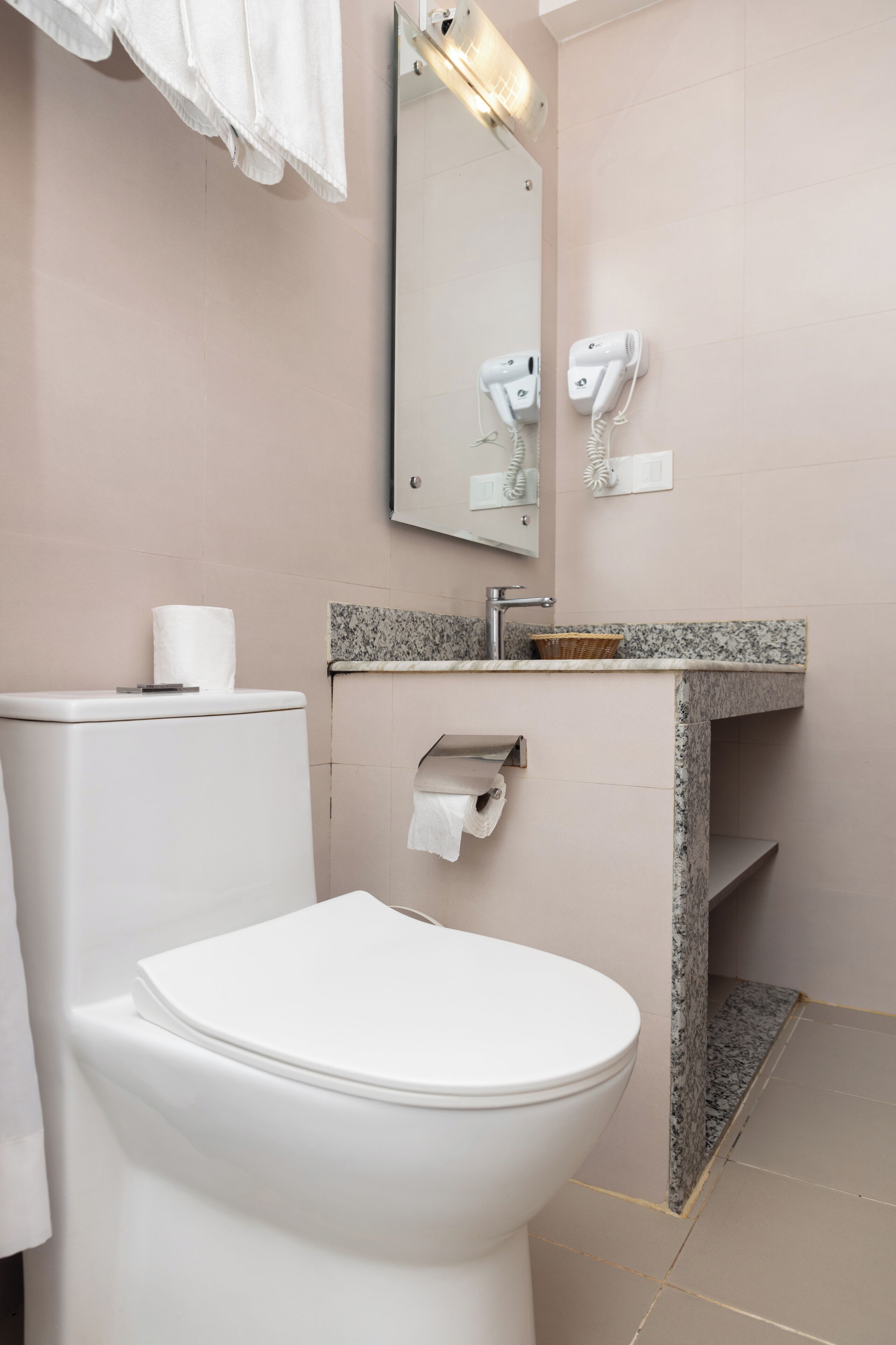 A bathroom with a toilet, sink, and towel rack.