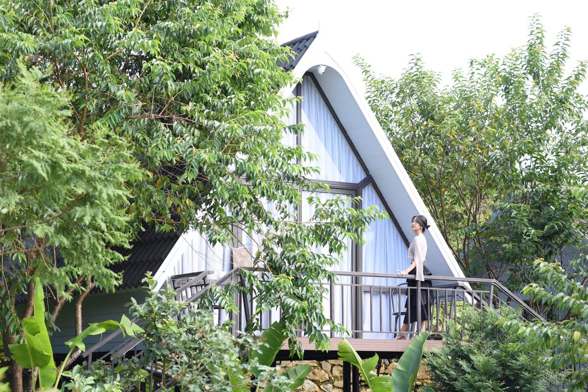 Un bâtiment moderne, de forme triangulaire, entouré d’une végétation luxuriante.