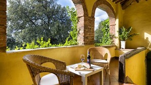 Una veranda con sedie in vimini, un tavolo e un barbecue.