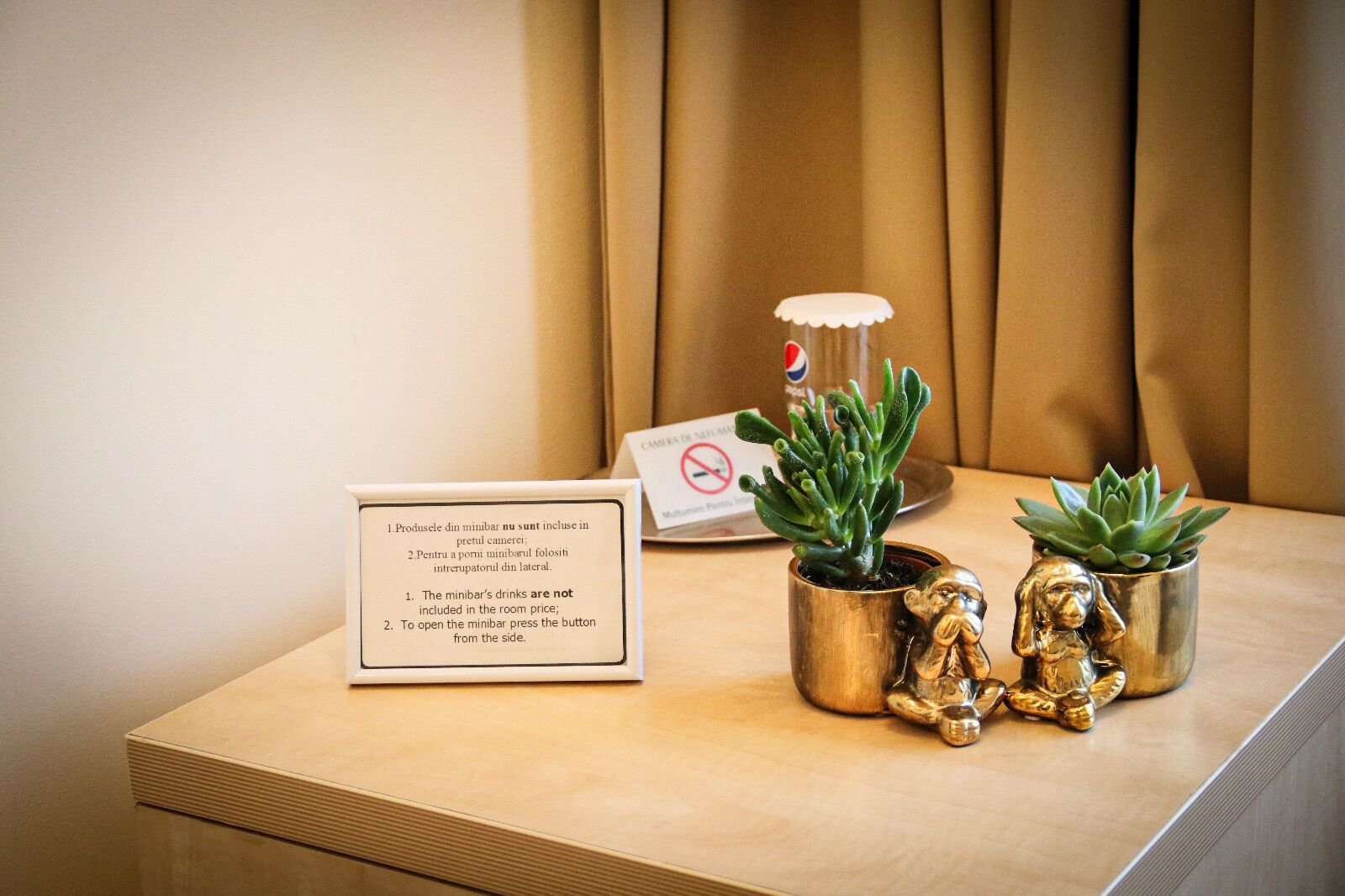 A small table with a sign detailing room amenities, two potted plants, a decorative statue, and a Pepsi can.