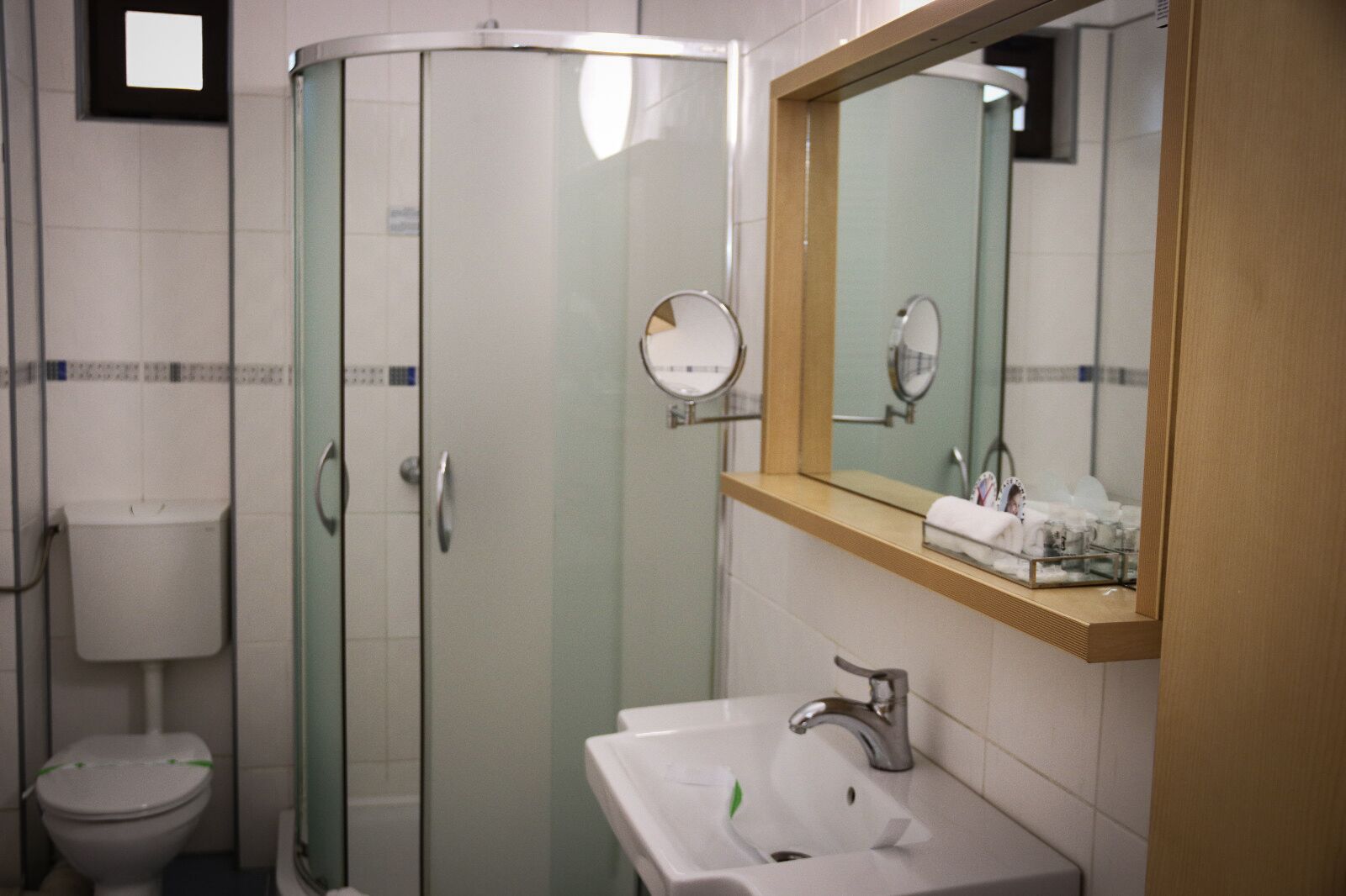 A bathroom with a glass-enclosed shower, a toilet, and a sink with a mirror above it.