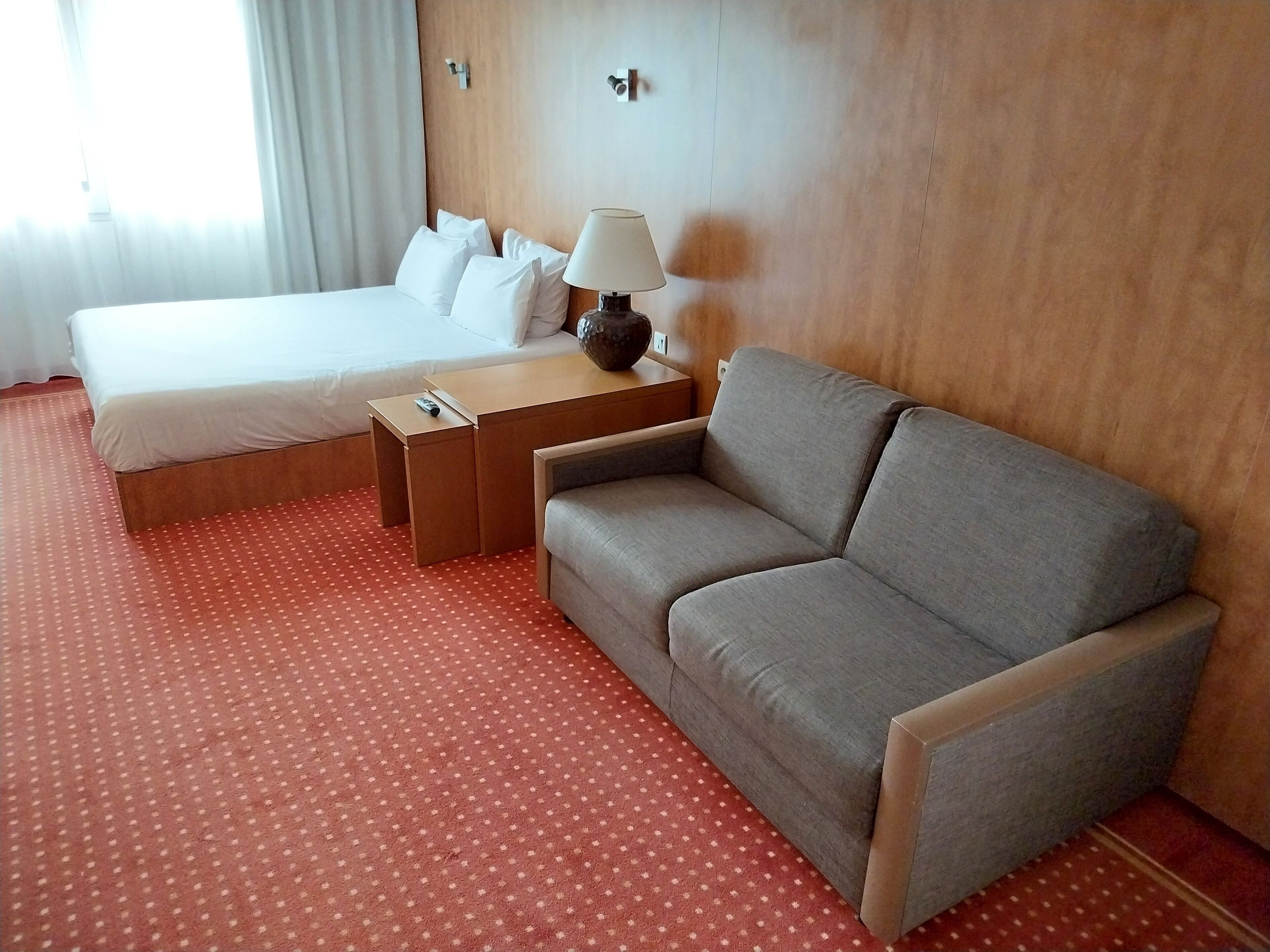 A hotel room with a bed, a grey sofa, a wooden nightstand with a lamp, and a red carpet with white polka dots.