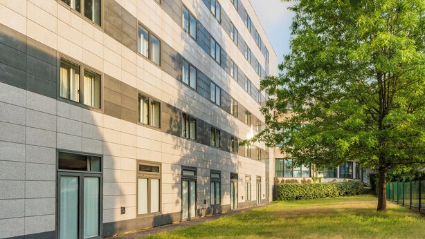 A modern building with a flat facade, multiple windows, and a well-maintained lawn with a single tree. - CERISE Bordeaux Mérignac Aéroport (Merignac)
